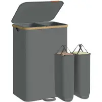 Songmics Wasmand met deksel - 150 liter - Bamboe frame - Uitneembare waszak - Geschikt voor wasruimte en slaapkamer