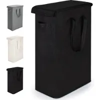 Famanu – Slanke wasmand met deksel van 55L, opvouwbare wasverzamelaar met lange handgreep, geschikt voor wasruimte, slaapkamer en badkamer, zwart