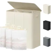 Famanu – Wasmand met 3 secties, extra grote vuilnisbak met deksel en handvat, verdeelde wassorteerder, wit