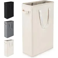 Famanu – Smalle wasmand van Oxford doek, opvouwbare wasmand met handvatten, moderne wasverzamelaar voor slaapkamer, badkamer en slaapzaal, 45L, beige