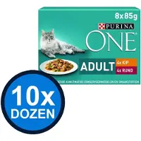 Purina One 10x - Adult Kip, Sperziebonen, Rund & Wortels in Saus (8x85g) - Kattenvoer Natvoer - 680 g