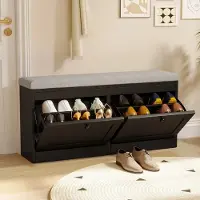 Famanu – Schoenenbank met zitkussen, zwart houten schoenenkast met 2 kleppen, comfortabel gangmeubel voor hal, 106 x 31 x 52 cm