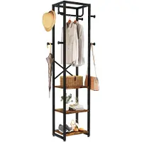 Famanu – Vrijstaande kapstok met 3 planken en 8 haken, industriële kledingstandaard voor entree, hal of slaapkamer, 180 x 40 x 30 cm, rustiek bruin