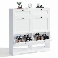 Famanu – Smalle schoenenkast voor de entree, houten schoenenkast met 4 kleppen en 2 laden, voor 10 paar schoenen, afmetingen 95 x 25 x 102 cm, wit