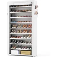 Famanu – Schoenenrek met 11 planken, hoge schoenenkast voor 50 paar schoenen, stofdichte afdekking, wit voor hal of woonkamer