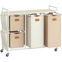 Famanu – Wasmand met 4 compartimenten, 150 L, waswagen met plank en wielen
