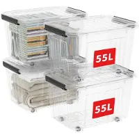 Markenlos – Plastic opbergdozen met wielen, set van 4 stuks, 55L per doos, met deksel en veilige zijvergrendelingen, stapelbaar en doorzichtig