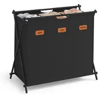 Songmics - Wasmand - Wassorteerder - 3 Vakken - Opvouwbaar - Labels - Wasruimte Slaapkamer - 135L