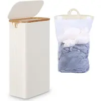 Famanu – Smalle wasmand met deksel, 63 liter, beige, opvouwbare wasmand met bamboegrepen en afneembare zak, voor wasruimte, slaapkamer en badkamer