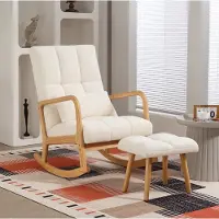 HAUSS SPOLE Schommelstoel - Fauteuil Met Hocker - Ergonomisch Met Hoge Rugleuning En Armleuningen - Voor Woonkamer En Slaapkamer - Hout En Stof Wit