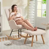 HAUSS SPOLE Schommelstoel - Fauteuil Met Hocker - Ergonomische Hoge Rugleuning Met Hoofd En Lendenkussen - Voor Woonkamer En Leeshoek - Fleece Beige