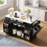 STILVORA Keukenkast - Keukeneiland Met Opklapbaar Werkblad En Stopcontact - Verrijdbaar Voor Koken En Opbergen - MDF - 138x86x92 Cm - Zwart