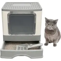 Relaxdays kattenbak met lade, afgesloten kattenbak met deksel, schep, afmetingen: 36 x 36 x 50 cm, wit/grijs