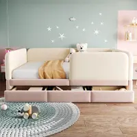 STILVORA Gestoffeerd Bed 140 x 200 cm - Kinderbed Met Veiligheidsrand En Afgeronde Hoeken - Opberglade - Voor Jeugd Slaapkamer - Samtstof - Beige Roze - Zonder Matras