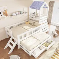 STILVORA Huisbed 90x200 cm – Stapelbed met Uitvalbeveiliging en Zijtrap – Met Opbergruimte en Bedlade – Voor Kinderen – Hout en Stof – Wit – Zonder Matras