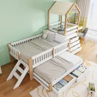OKWISH Kinderbed 90x200 cm Met Uitziehbed 90x190 cm En Vierlaags Ladeblok Rechts - Met Trap En Opbergruimte - Hout En Stof - Wit En Natuurhout - Zonder Matras