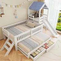 OKWISH Kinder Stapelbed 90 x 200 cm Zonder Matras Huisbed Met Uitziehbed Glijbaan Zijtrap En Opberglades Voor Kinderen Hout Wit