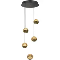 Steinhauer Belluno 4585ME – 5-lichts messing hanglamp met amber glazen bollen