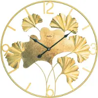 AMS W9703 - Wandklok - Analoog - Quartz uurwerk - Rond - Metaal - Ginkgo bladeren - Cijfers - Strepen - Goudkleurig - D 50 x 4 cm