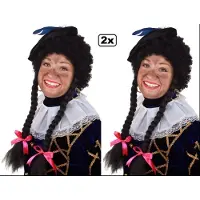 Thema party 2x Pruik Piet krul zwart met 2 vlechten