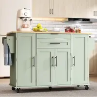 STILVORA Keukeneilandwagen - Mobiele Keukenkar Met Uitschuifbaar Werkblad Tot 70 Cm - Verstelbare Legplanken - MDF - Antiekgroen - 136x70x92 Cm
