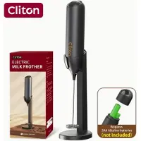 Cliton Elektrische Melkopschuimer - Handheld Melkklopper met Standaard - Mini Mixer voor Cappuccino, Latte, Matcha & Chocolademelk - Werkt op Batterijen - Zwart