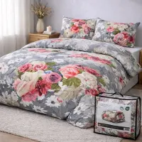 Beau Maison Valking Bedrukt Dekbed - Dekbed Zonder Overtrek - Grijs met Rozen - 200 x 220 cm - Hoesloos - 2 in 1 dekbed - Wasbaar