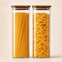 Markenlos – Set van 2 vierkante voorraadpotten (2200 ml) van borosilicaatglas met acaciahouten deksel, luchtdicht en stapelbaar