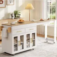 HAUSS SPOLE Keukenkast - Uitschuifbaar Keukeneiland Met Bartafel En Opbergruimte - Voor Kleine Keukens - MDF - 132,5-217x50x93 cm - Wit