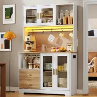 HAUSS SPOLE Keukenkast - Hoge Opbergkast Met Led, Stopcontact En Vitrinedeuren - Voor Keuken En Eetkamer - MDF - 110x40x178 Cm - Wit Naturel