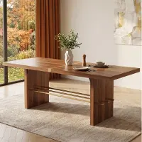 OKWISH vierkante eettafel met verstevigd tafelblad, geschikt voor 6-8 personen, klassiek design, notenhout