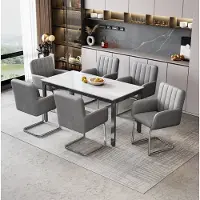 OKWISH Eetkamerstoel Set van 6 - Met Armleuningen en Gestikt Patroon - Moderne Design Stoel voor Eetkamer en Woonkamer - PU Leer - Grijs