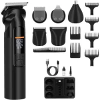 MODFU Tondeuse & Haartrimmer Set – 4-in-1 voor Haar, Baard, Scheren & Neushaar – LCD-scherm – 3 Snelheden – 150 min Gebruiksduur – USB-oplaadbaar – 6 Opzetkammen – Compact – Voor heren