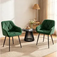 OKWISH Eetkamerstoel – Set Van 2 Kuipstoelen Met Armleuningen – Ergonomisch Gepolsterd – Voor Eetkamer, Woonkamer En Werkkamer – Velvet – Donkergroen
