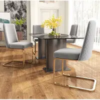 OKWISH Eetkamerstoel Set Van 4 – Grijs Velvet Met Gestikt Ruitpatroon – Metalen Goudkleurige Poten – Voor Eetkamer En Woonkamer