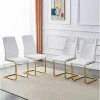 OKWISH Eetkamerstoel Set Van 4 - Scandinavisch Wit PU Leer Met Gouden Metalen Poten En Gestikt Patroon - Voor Eetkamer En Woonkamer - Wit En Goud