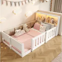 STILVORA vlakke bedbodem 90x200 cm met spijlen en LED-lichtbalk, kinderbed met gevoerde zijkanten, bedframe zonder matras, wit