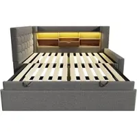 STILVORA Gestoffeerd Bed 90x200 cm – Uittrekbed Met LED en USB-Snellaad – L-Vormig Hoofdeinde Met Opbergruimte Links/Rechts – Linnen – Zonder Matras – Grijs