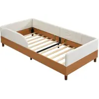 OKWISH Kinderbed 90x200 cm - Gestoffeerd Bed Met 2 Opbergvakken - Omrand Veiligheidsontwerp - Zonder Matras - Fluweel Hout - Wit Naturel
