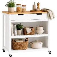 Relaxdays Keukenwagen, met werkblad, 2 lades, 2 vakken, zitplaats, afmetingen: 94x100x60 cm, serveerwagen, wit/naturel