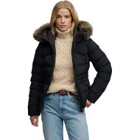 Superdry Dames Fuji Gewatteerde Jas met Imitatiebont en Capuchon zwart (XS), Casual, Polyester W5012184A