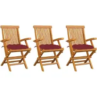 vidaXL Klapstoelen met wijnrode kussens, 3-delig, massief teak hout