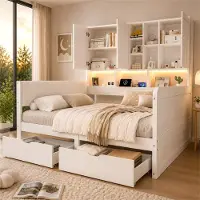 STILVORA Kinderbed 140x200cm Zonder Matras – Opbergbed met LED Verlichting en Oplaadpunten – Lades, Kastjes en Planken – Voor Kinderkamer – MDF en PU – Wit