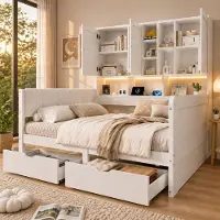 STILVORA Kinderbed 90x200 cm – Opbergbed met LED-verlichting en USB-aansluitingen – Lattenbodem en laden – Voor kinderkamer – MDF en PU – Wit – Zonder matras