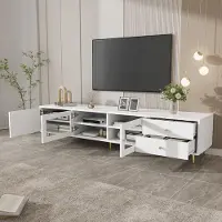 MODFU TV-kast met glazen deuren, 170 x 40 x 43 cm, TV-meubel met 2 lades, tv-bank met metalen look, woonkamer meubel, modern tv-rek in wit