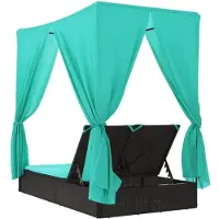 vidaXL Ligbed tweepersoons met dak en gordijn poly rattan zwart
