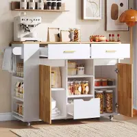 OKWISH Keukenkast Keukenwagen Met Inklapbaar Werkblad 3 Lades 3 Laags Kruidenrek Wielen Met Rem Wit MDF 120x71x90 Cm