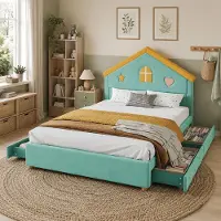 STILVORA Kinderbed 140x200cm Huisbed Met Zonder Matras – 4 Lades Opbergruimte – Voor Kinderen En Tieners – Zacht Fluweel – Blauwgroen