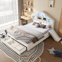 STILVORA kinderbed 140x200 cm met glijbaan en LED-verlichting, hemelbed met laadpoort en plankje aan het hoofdeinde, bed met beklede zijkanten en grote opbergruimte