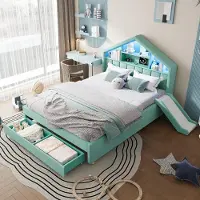 STILVORA Kinderbed 140x200 cm Zonder Matras – Gepolsterd Huisbed Met Glijbaan En Ledverlichting – Hoofdbord Met Opbergvakken En Bedkast – Voor Kinderen – Blauwegroen